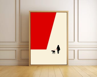 Minimalist Dog Walk Wall Art Print: Red Leash Silhouette (Digital Download)