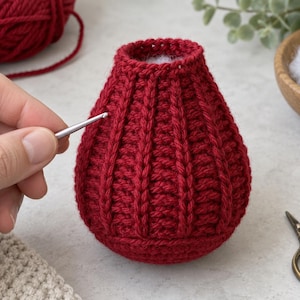 May include: A deep red, pear-shaped crochet project featuring vertical ribbed texture and a hollow top opening. The item is crafted from yarn and displays a consistent stitch pattern throughout its rounded body, showcasing a handmade textile construction.