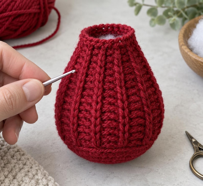 May include: A deep red, pear-shaped crochet project featuring vertical ribbed texture and a hollow top opening. The item is crafted from yarn and displays a consistent stitch pattern throughout its rounded body, showcasing a handmade textile construction.
