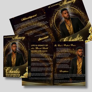 May include: A memorial card set with a gold and black design. The cards feature a portrait of a man in a suit, with text including "In Loving Memory" and details about his life and legacy. Gold floral accents are present.