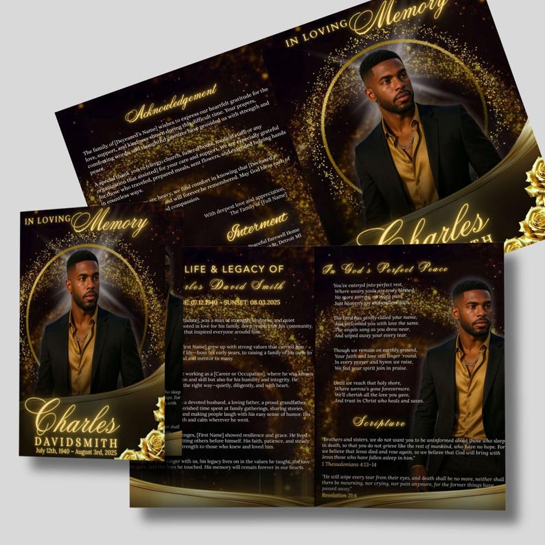 May include: A memorial card set with a gold and black design. The cards feature a portrait of a man in a suit, with text including "In Loving Memory" and details about his life and legacy. Gold floral accents are present.