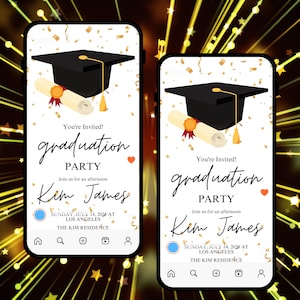 May include: Two smartphone screens displaying a graduation party invitation. The invitation features a black graduation cap, a rolled diploma, and the text "You're Invited! graduation PARTY." The invitation includes the name "Kim James" and event details.