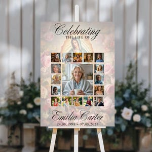 May include: A memorial sign on an easel, with a floral backdrop and the text "Celebrating the Life of Emilia Carter." It displays a central photo surrounded by smaller portraits and the dates 24.08.1998 - 07.08.2025.