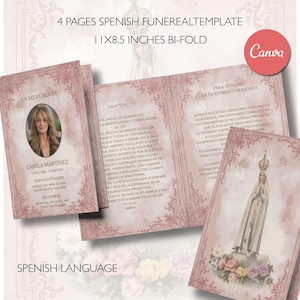 May include: A bi-fold funeral template in pink with floral accents. The template is 11 x 8.5 inches and features text in Spanish, a photo, and the Canva logo. The template includes the text "En Memoria De" and "Camila Martinez".