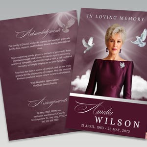 Könnte beinhalten: Gedenkkarte mit einem Porträt einer Frau in einem bordeauxfarbenen Kleid, mit dem Text "In Loving Memory". Die Karte enthält Text über Dankbarkeit und Arrangements, mit dem Namen "Amelia Wilson" und Daten.
