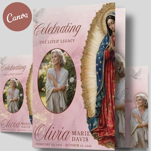 May include: A memorial card with a pink watercolor background. The card features the text "Celebrating THE LIFE & LEGACY" and the name "Olivia Marie Davis" with dates. An image of a woman is in an oval frame, and a religious illustration is on the right.
