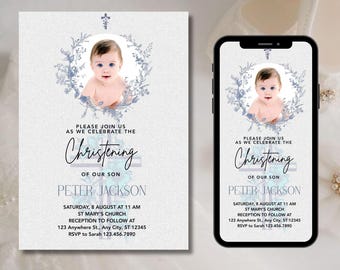 Boy's Christening Invitation Template: Editable Baptism Evite (Digital Download)