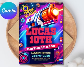 Kids Editable Nerf Birthday Invitation Template, Printable Birthday Nerf Party Invitations, Digital Kids Party Invite Template Download