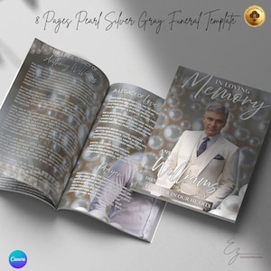 May include: An open funeral template with a pearl and silver gray design. The cover features a photo and the text "In Loving Memory" and the name "Anthony Williams". The template includes text about the life and legacy.