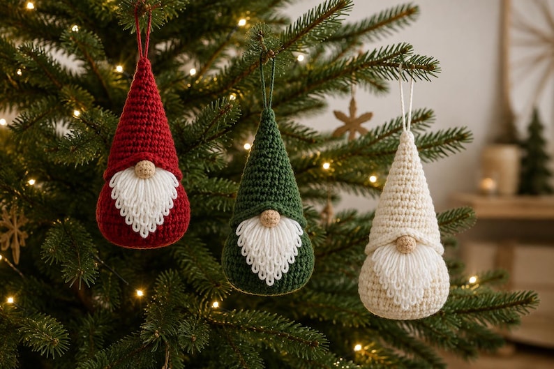 May include: Three hanging ornaments shaped like gnomes with tall pointed hats in red, dark green, and cream. Each gnome features a round beige nose and a long white crocheted beard with looped edges, suspended by a thin matching string loop.