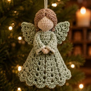 May include: A crocheted angel ornament featuring a sage green dress with a scalloped hem, matching wings, and a light beige head. The figure has brown yarn hair adorned with a thin gold-colored halo and hangs from a light-colored string loop.