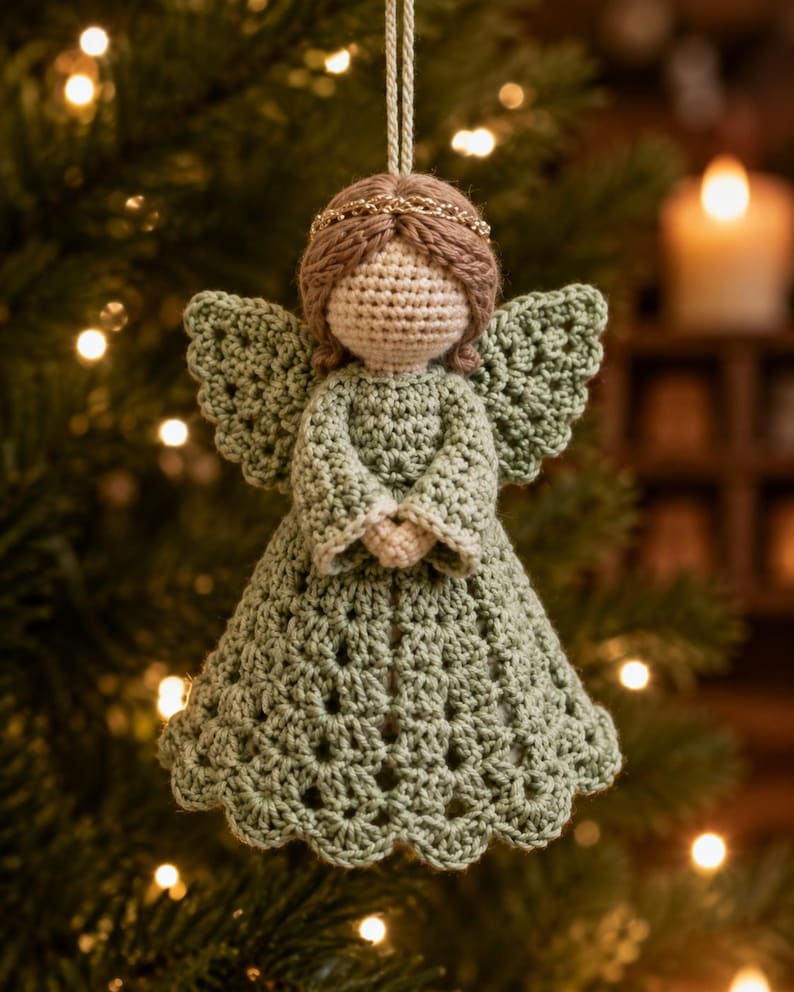 May include: A crocheted angel ornament featuring a sage green dress with a scalloped hem, matching wings, and a light beige head. The figure has brown yarn hair adorned with a thin gold-colored halo and hangs from a light-colored string loop.