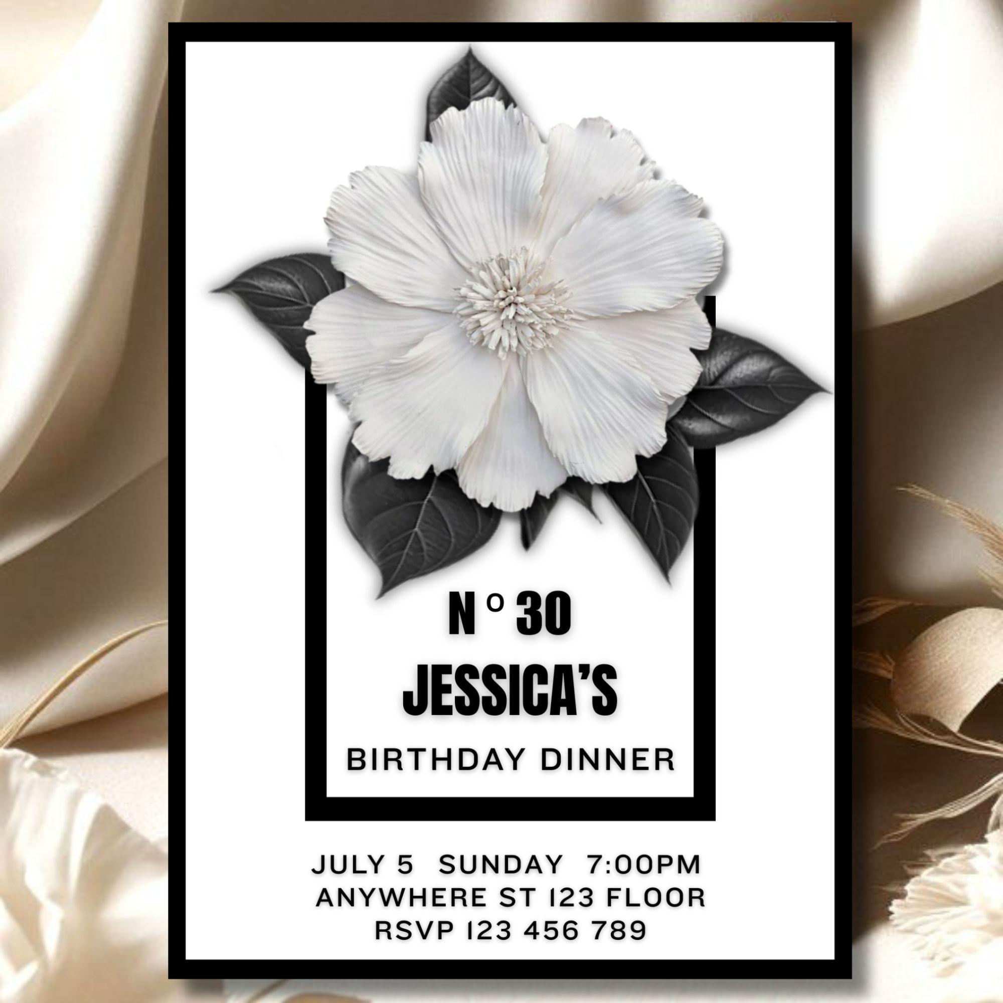 Designer Editable Invitation Template | Camellia Flower Invitation | High-End Luxury Perfume No 5 | Sweet 16 Birthday, Save the Dates