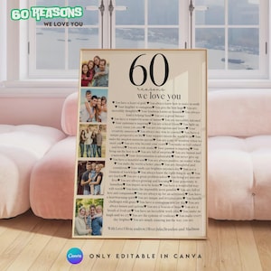 Custom 60 Reasons We Love You Poster - Printable & Personalized 60th Birthday Gift for Him or Her | Editable Poster with Pictures Template