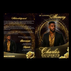 May include: A memorial card with a portrait of a man in a black suit and gold shirt. The card includes the text "In Loving Memory" and the name "Charles DAVIDSMITH" with dates. Gold floral accents and text are featured.