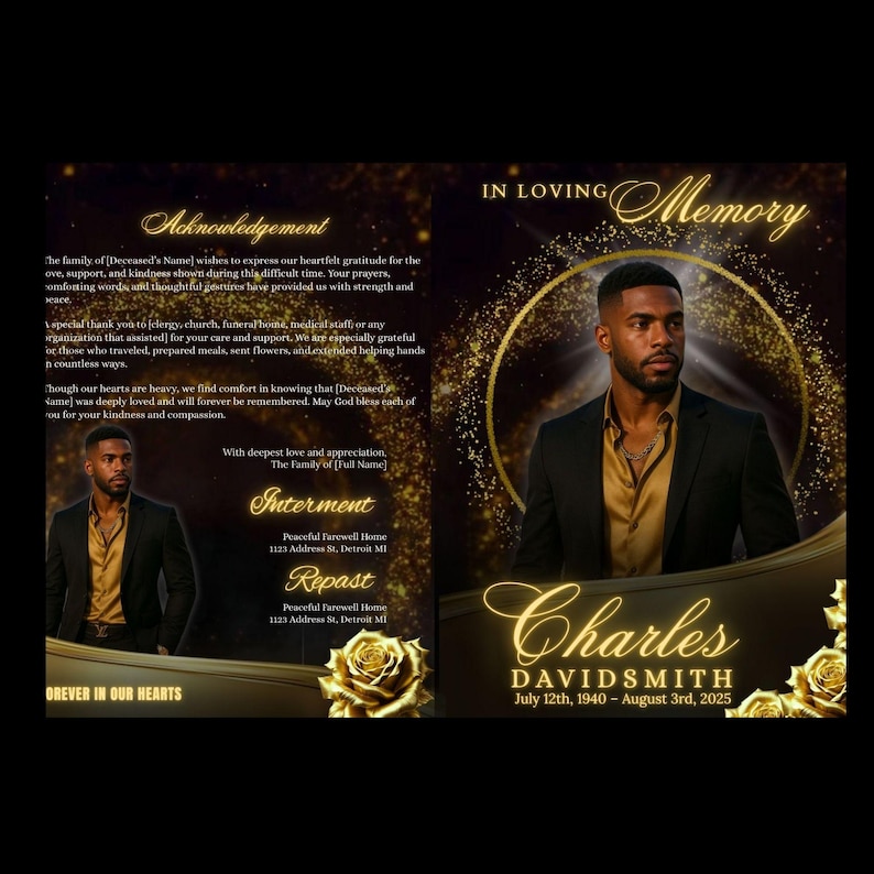 May include: A memorial card with a portrait of a man in a black suit and gold shirt. The card includes the text "In Loving Memory" and the name "Charles DAVIDSMITH" with dates. Gold floral accents and text are featured.
