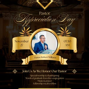 Può includere: Un volantino oro e nero per la Giornata di apprezzamento del pastore. Il volantino include il testo "Giornata di apprezzamento del pastore", "27 novembre" e "07:30 AM". Il volantino include anche il testo "Unisciti a noi per onorare il nostro pastore".