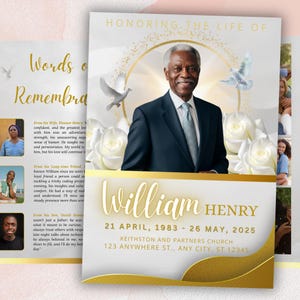 Op de afbeelding: Een herdenkingskaart ter ere van William Henry. Het ontwerp toont een portret van een man in een pak, omringd door witte rozen en duiven. De kaart bevat data, een kerknaam en een adres.