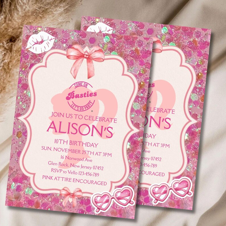 May include: Two pink birthday party invitations with glitter and decorative elements. The invitations feature text that reads "Alison's 10th Birthday" and include details about the event. The design includes a bow, lips, and heart-shaped sunglasses.