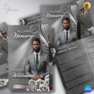 Può includere: Design di biglietto commemorativo con ritratto di uomo in abito grigio, testo "In Loving Memory" e "The Life & Legacy of Anthony Williams." Il design presenta rose argentate ed elementi decorativi.
