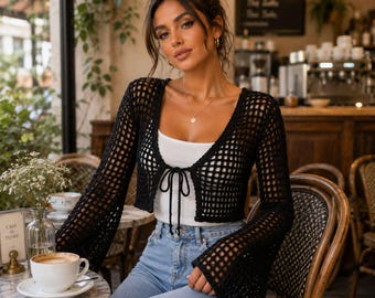 Crochet Mesh Cardigan Pattern PDF, Bell Sleeve Shrug, Boho Summer Cover Up, Tie Front Crochet Top, Festival Outfit, Instant Download