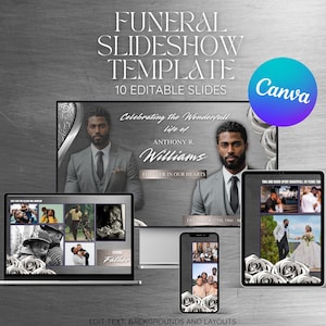 May include: A digital funeral slideshow template with 10 editable slides. The design features a photo of a man in a suit, with text that reads "Celebrating the Wonderful Life of Anthony R. Williams" and "Forever in Our Hearts." The template is displayed on a laptop, tablet, and phone.