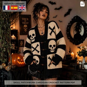 Skull Patchwork Cardigan Crochet Pattern PDF, Gothic Granny Square Sweater, Halloween Cardigan, Oversized Crochet Jacket