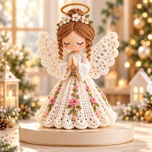 May include: A crocheted angel doll with light brown yarn hair, a gold halo, and white lace wings. The doll wears a cream-coloured dress adorned with small pink and white floral accents, featuring long sleeves and a full skirt with a scalloped hemline.