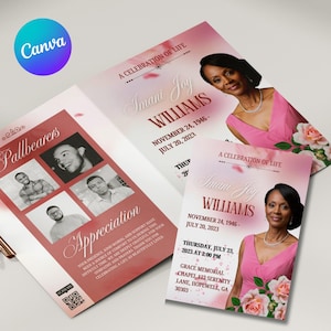 Modèle de programme de funérailles élégant : livret à deux volets Celebration of Life (téléchargement numérique, éditable sur toile de 8,5 x 11 pouces)