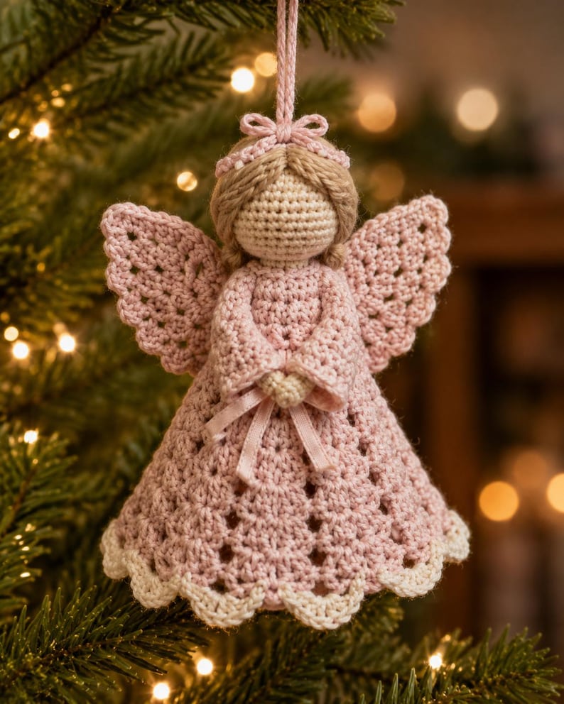 May include: A crocheted angel ornament featuring a light pink dress with a scalloped cream-colored hem, light brown yarn hair, a small pink bow on the head, and a matching pink ribbon tied at the waist, suspended by a pink string loop.