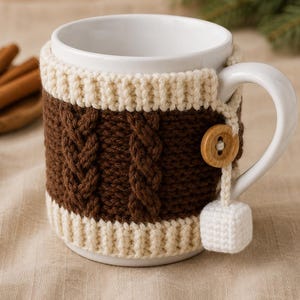 May include: A white ceramic mug wrapped in a two-tone knit cozy. The cozy features a dark brown cable knit center section bordered by cream-colored ribbed edges. A round wooden button secures the wrap, accented by a small cream-colored cube charm.