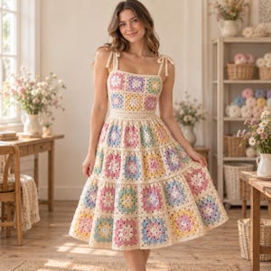 May include: A sleeveless midi dress constructed from cream-colored yarn featuring a multi-tiered skirt and a bodice made of colorful granny square crochet motifs in shades of pastel pink, yellow, blue, and lavender with thin shoulder straps.
