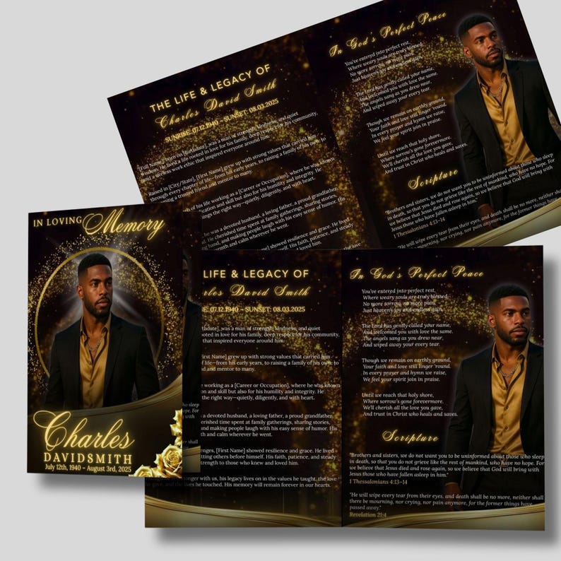 May include: A memorial program with a portrait of a man in a black suit, gold accents, and text. The program includes the name "Charles David Smith" and dates "July 12th, 1940 - August 3rd, 2025". The theme is a celebration of life.