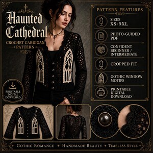 May include: A digital crochet pattern for a black cardigan titled Haunted Cathedral. The design features beige gothic window motifs, a cropped fit, and button closures. The pattern is available as a printable PDF for sizes XS-5XL.