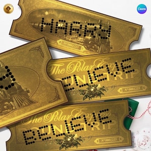May include: Gold-colored tickets with the words "HAPPY" and "The Polar Express ONE WAY TRIP" in a dot matrix style. Each ticket features a train illustration and a decorative border. The tickets are arranged on a white surface.