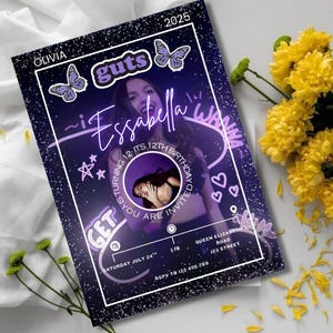 Plantilla editable de invitación de cumpleaños de Olivia Rodrigo, Fiesta Ácida, En mi época de cumpleaños, Descarga instantánea + Adorno para tarta personalizado – Mala idea, ¿verdad?