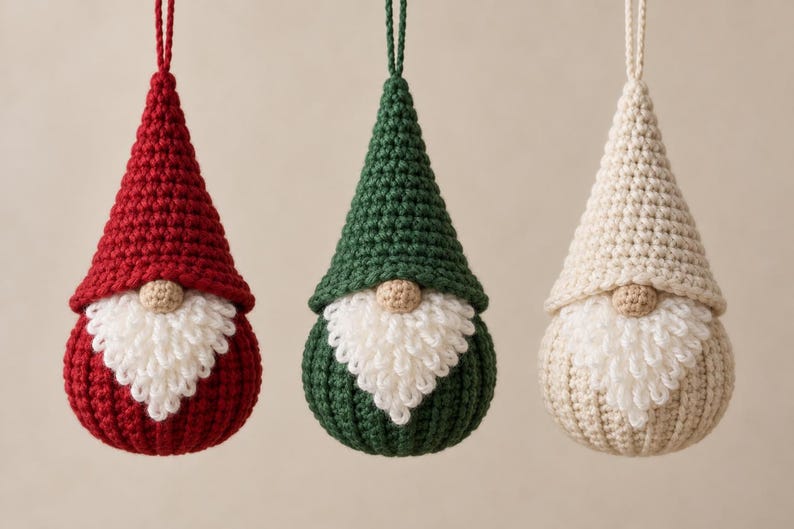 May include: Three crochet gnome ornaments hanging by loops. Each gnome features a pointed hat, a round beige nose, and a textured white beard. The gnomes are colored in solid red, dark green, and cream, with a consistent ribbed stitch pattern.