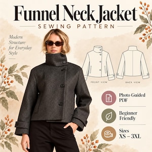 Patron de couture pour veste à col cheminée, manteau court en laine pour femme (PDF), tailles XS à 3XL, patron de veste pour débutants avec photos, téléchargement instantané