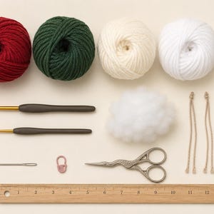 May include: A craft kit containing four yarn balls in red, dark green, cream, and white, a small beige twine bundle, two gray crochet hooks with gold tips, white fiberfill, three beige cords, a needle, a pink stitch marker, scissors, and a 12-inch ruler.
