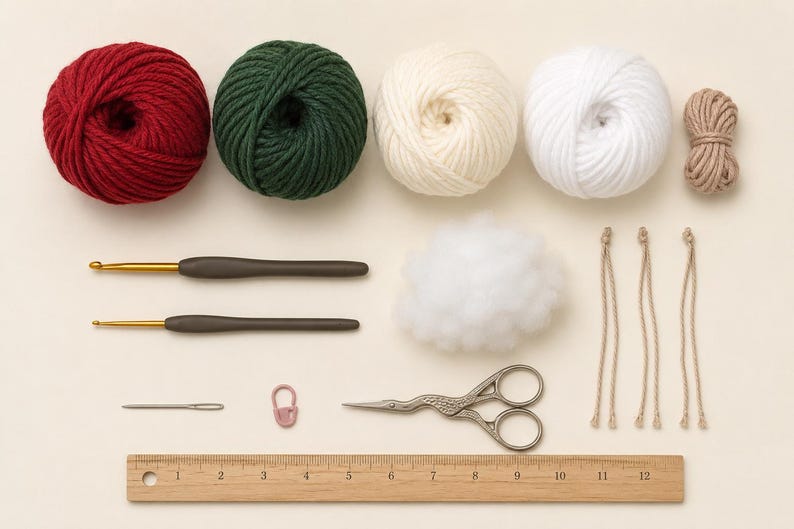May include: A craft kit containing four yarn balls in red, dark green, cream, and white, a small beige twine bundle, two gray crochet hooks with gold tips, white fiberfill, three beige cords, a needle, a pink stitch marker, scissors, and a 12-inch ruler.