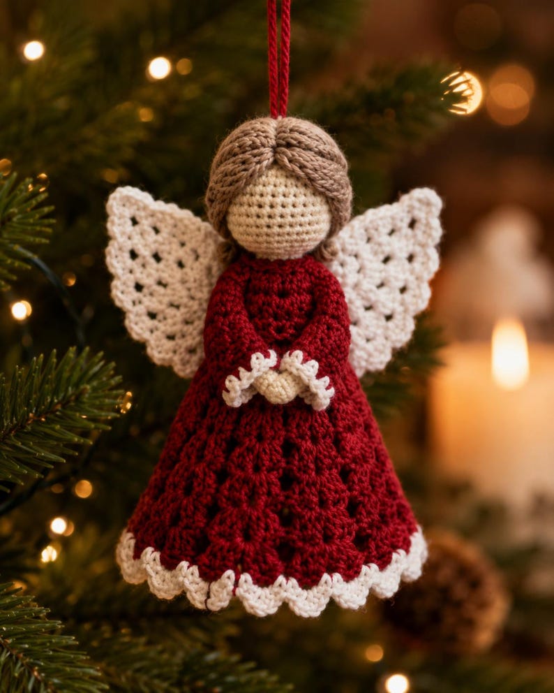 May include: A crocheted angel ornament featuring a deep red dress with white scalloped trim at the hem and sleeves. The figure has a beige crocheted head, light brown yarn hair, and white crocheted wings. A red string is attached to the top for hanging.