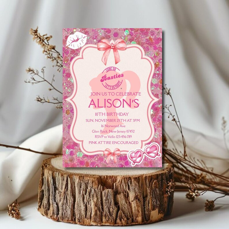 May include: A pink invitation card with glitter accents, featuring the text "Join us to celebrate Alison's 10th Birthday." The card includes a bow, heart-shaped sunglasses, and a lip illustration. The invitation is displayed on a wooden base.