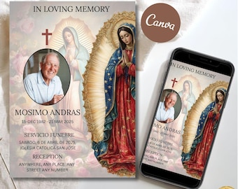 Español Virgen De Guadalupe Tarjeta Funebre, Editable Catholic Funeral Invite Template, En Memoria Amorosa Virgin Mary Floral Funeral Invite