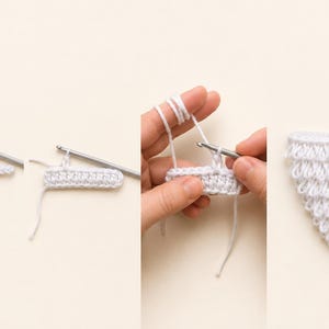 May include: A series of four images demonstrating a crochet process using white yarn and a silver crochet hook. The sequence shows the initial foundation chain, the addition of stitches, and the final triangular piece with a looped texture.