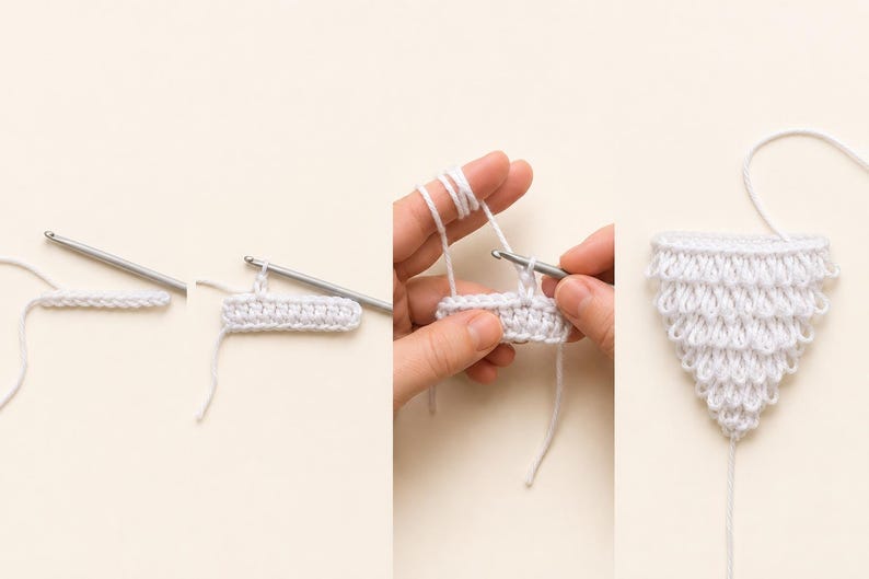 May include: A series of four images demonstrating a crochet process using white yarn and a silver crochet hook. The sequence shows the initial foundation chain, the addition of stitches, and the final triangular piece with a looped texture.