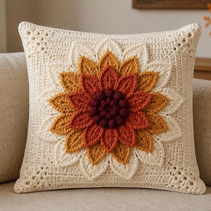 May include: A square crochet throw pillow featuring a cream-coloured base with a large, multi-layered, three-dimensional flower design in the centre. The flower petals transition in colour from dark burgundy at the core to orange and yellow.