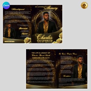 May include: A memorial program with a portrait of Charles DavidSmith, with gold accents and floral designs. The program includes text about his life, dates, and a scripture passage. The design is elegant and somber.