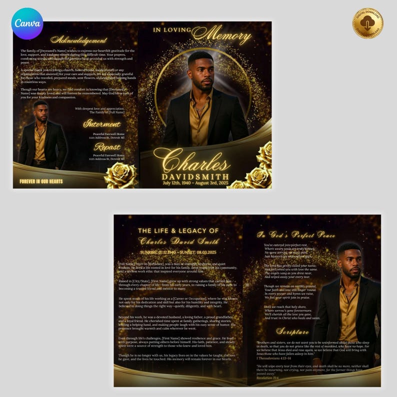 May include: A memorial program with a portrait of Charles DavidSmith, with gold accents and floral designs. The program includes text about his life, dates, and a scripture passage. The design is elegant and somber.
