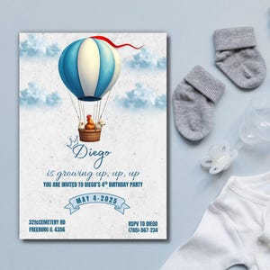 Convite de aniversário de balão de ar quente: Aventura aguarda, Balão de ar quente azul, Modelo editável do Canva, Convite de aniversário de animal de fazenda para impressão