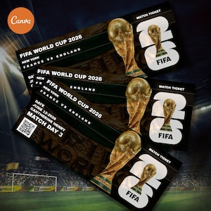 Peut inclure: Billets pour la Coupe du Monde de la FIFA 2026, avec le trophée de la Coupe du Monde. Les billets sont noirs et blancs avec des accents dorés, et incluent les détails du match : New York, France contre Angleterre, et la date du 12 juin 2026.